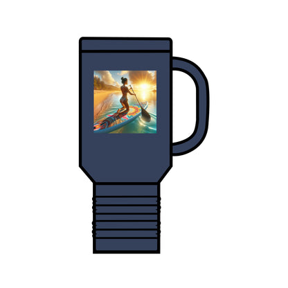Elegant Fantasy Paddleboarding 40oz Insulated Travel Mug in navy blue, adorned with an artistic paddleboarding depiction, designed for the sophisticated drinker on the go.