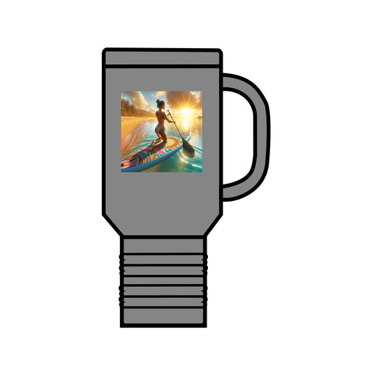 Luxury Fantasy Paddleboarding 40oz Insulated Travel Mug showcasing a chic grey stainless steel design, beautifully illustrated with a paddleboarding scene, perfect for stylish adventures.