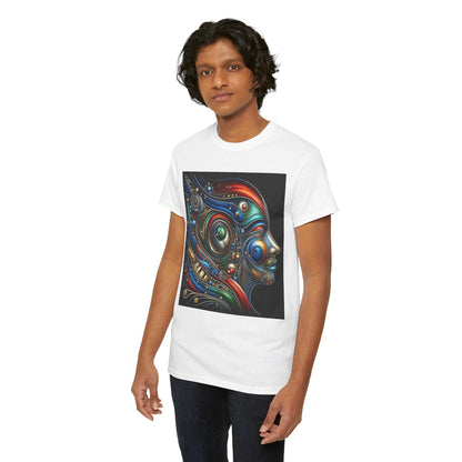 Model wearing the Stained Glass Dreams Unisex T-Shirt, highlighting the artistic front design and flattering fit for all genders.