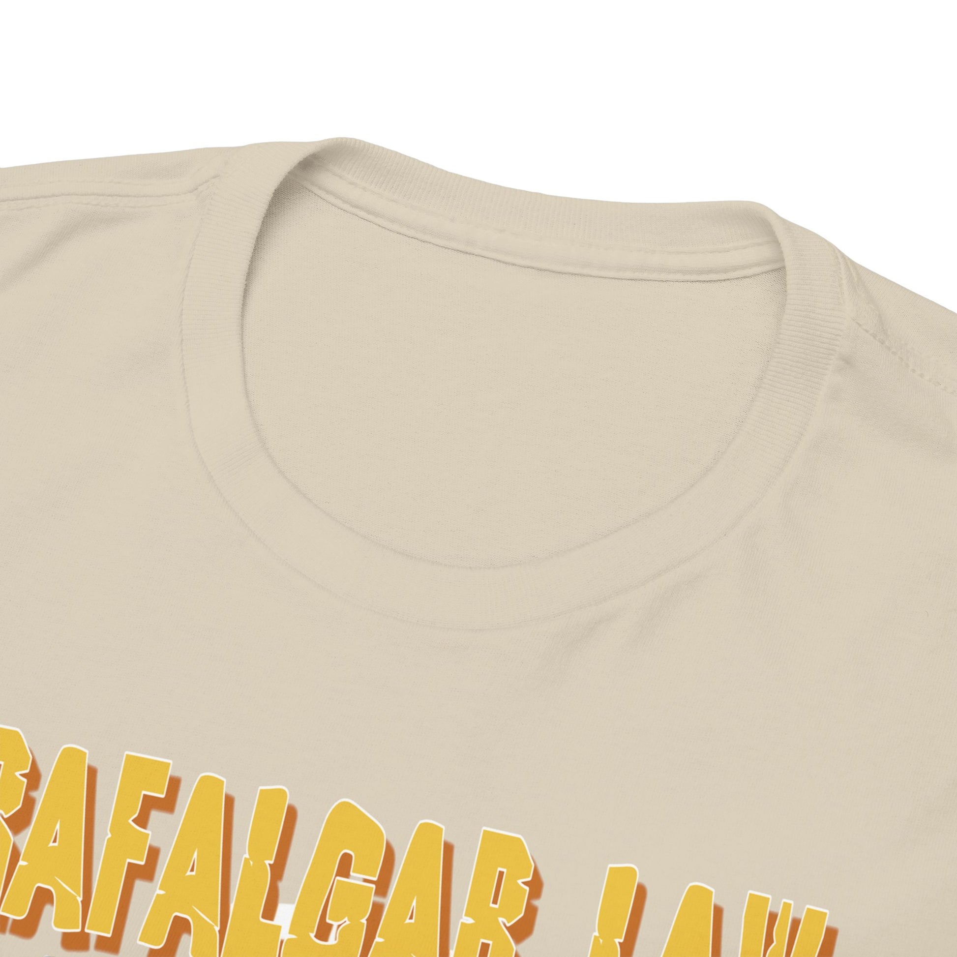 Close-up view of the premium quality fabric and neckline of the One Piece Trafalgar Law men's T-shirt, featuring a luxurious beige colour.