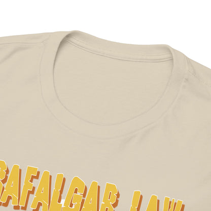Close-up view of the premium quality fabric and neckline of the One Piece Trafalgar Law men's T-shirt, featuring a luxurious beige colour.