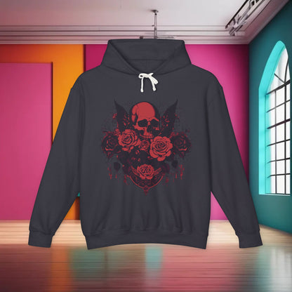 Unisex Lightweight Hooded Sweatshirt with a striking skull and roses design, displayed in dark navy, highlighting its elegant style.