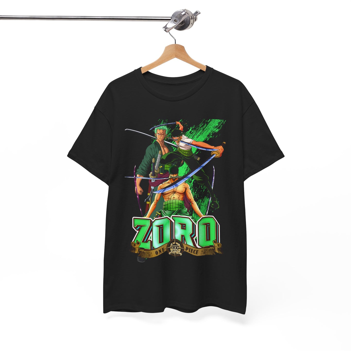 Sleek black t-shirt showcasing an artistic print of Zoro and other iconic figures from the anime series, tailored for comfort and elegance.