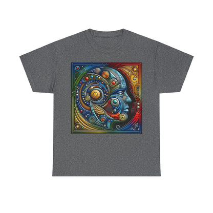 Stained Glass Dreams Unisex T-Shirt in a classic dark grey, displaying a striking graphic of a human face intertwined with elaborate geometric designs in vibrant colours, offering a luxurious artistic wardrobe choice.