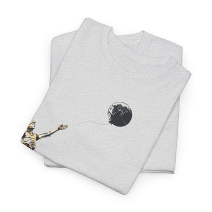 Refined Star Wars T-Shirt with C-3PO extending towards a charming Death Star balloon, embodying luxury and fandom for discerning enthusiasts.