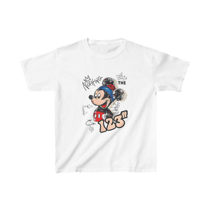 Unisex Kids Mickey Mouse Cotton T-Shirt Tee in white, showcasing an elegant graphic of Mickey Mouse surrounded by whimsical text and artistic doodles, perfect for stylish young enthusiasts.