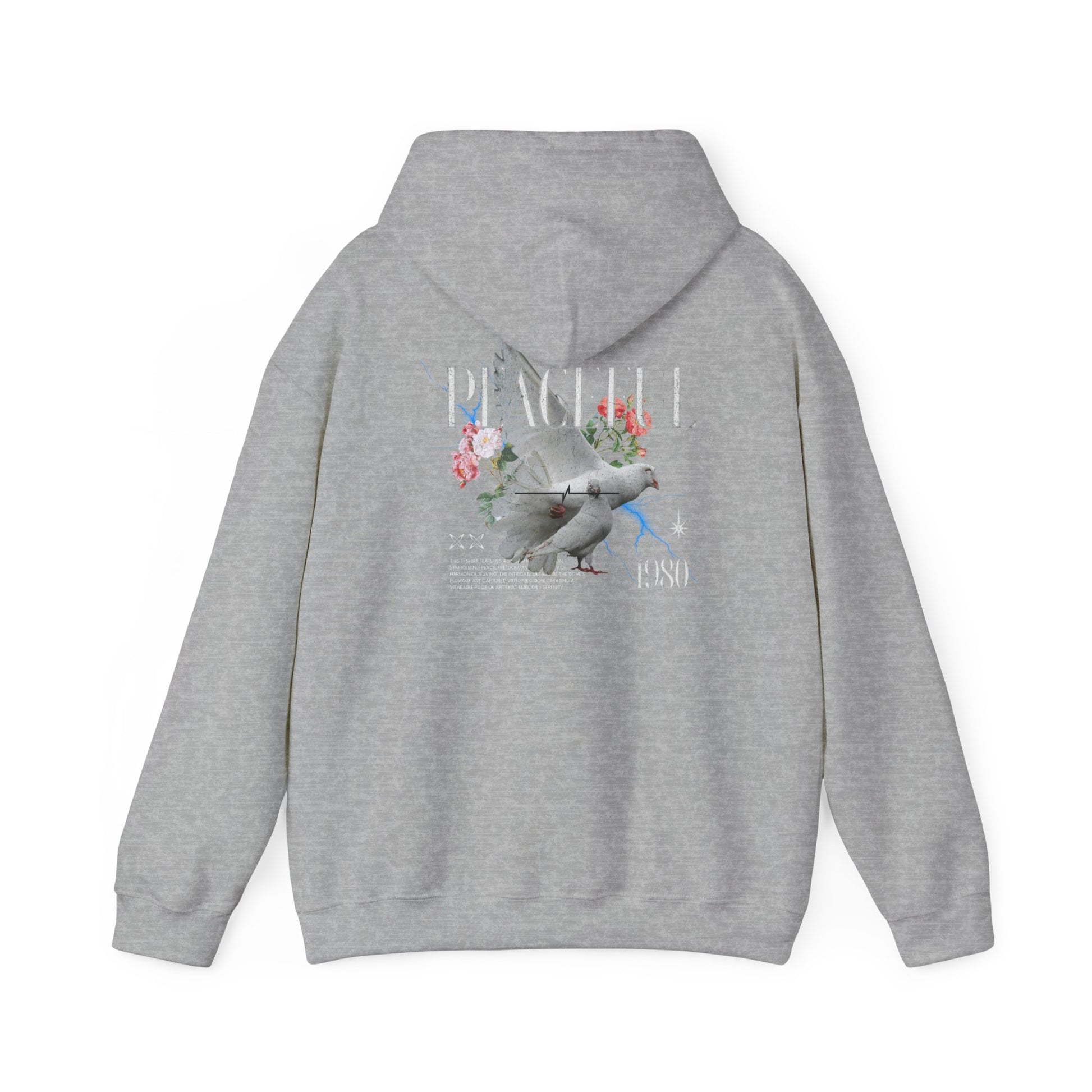 Chic grey hoodie with an intricate back print of doves and florals, symbolising tranquillity and refined style.