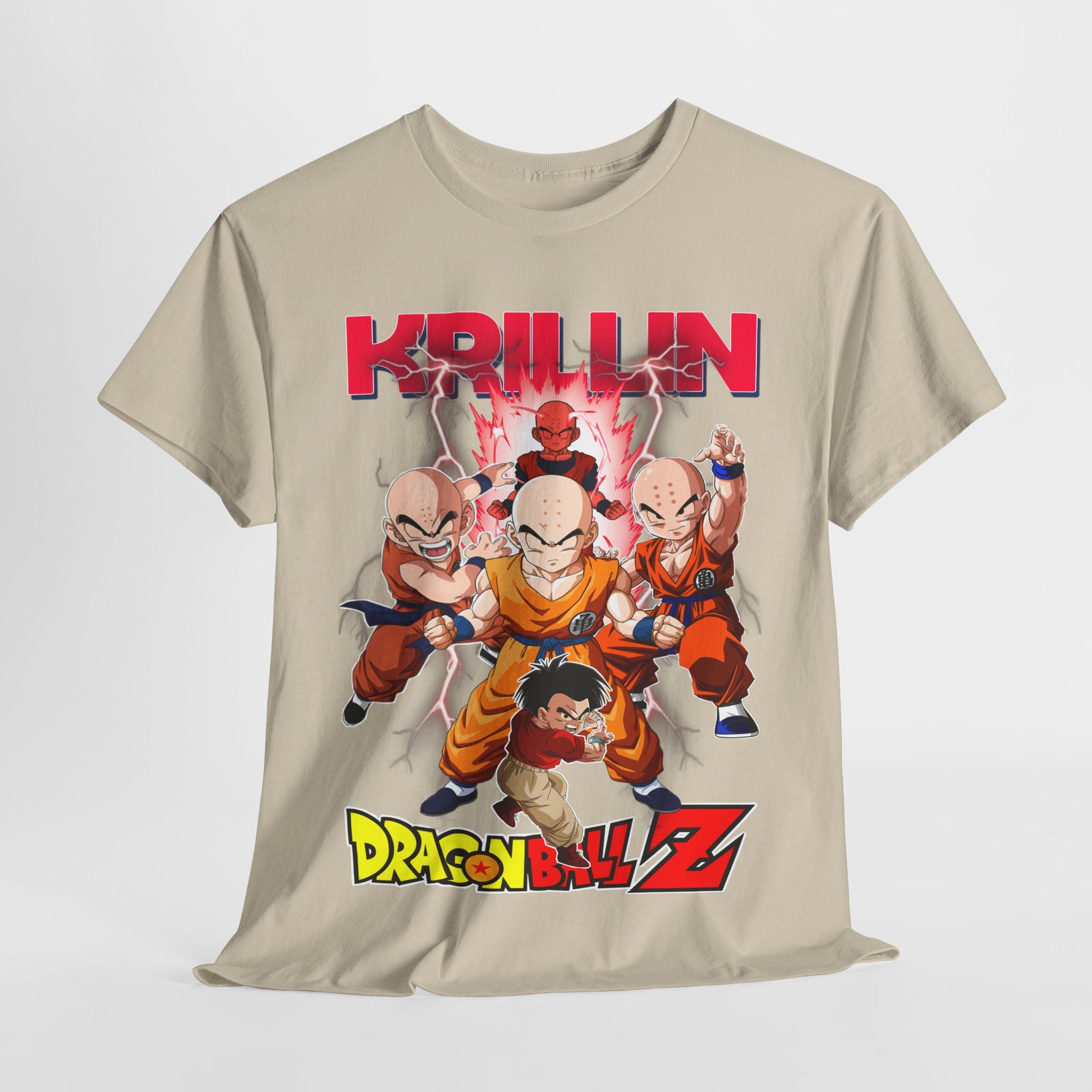 Chic Dragon Ball Z T-shirt featuring Krillin and fellow warriors, elegantly draped, designed for those who seek to express their fandom with sophistication.