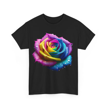 Rainbow Rose Unisex Cotton Tee Graphic T Shirt displaying an elegant design of a rainbow rose with glistening water droplets on a sleek black fabric.