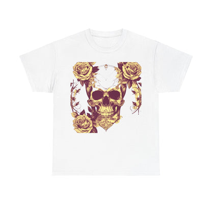 Skulls and Roses Cotton Tee - Unisex graphic shirt featuring a striking design of a skull surrounded by golden roses on a soft white background.