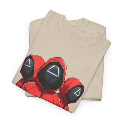 Premium Squid Game Unisex Men’s Women’s Graphic Cotton Funny T Shirt Tee displayed in a stacked layout, focusing on the striking red hooded figures and intricate design.