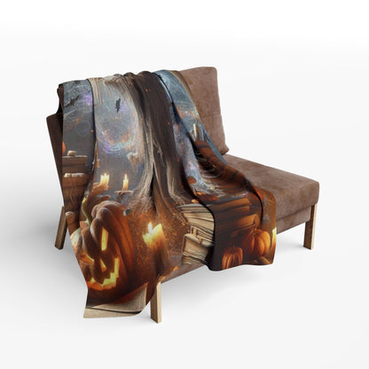 Chic decorative and warm Halloween spooky Arctic fleece blanket draped over a stylish chair, showcasing Halloween artistry with pumpkins and candles.