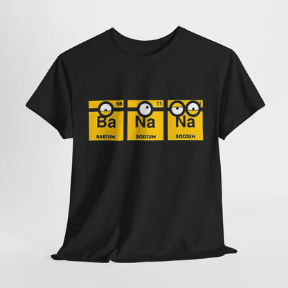 Men's Funny T-Shirt with a playful Minions Periodic Table Design highlighting Ba, Na, Na. This fun tee is a unique blend of science and humour, making it a must-have for Minions fans and chemistry enthusiasts alike.