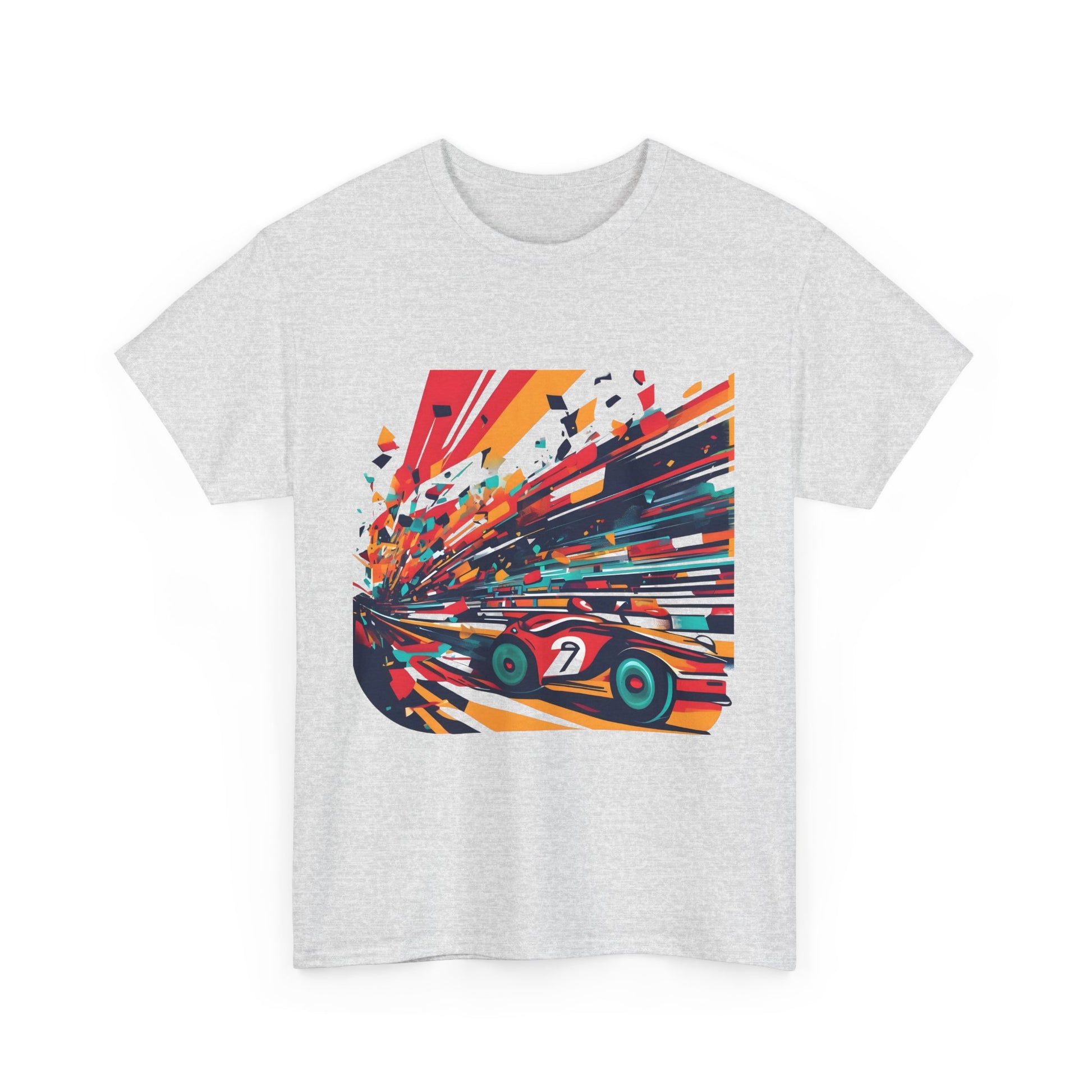 Front view of the Retro Racing Vintage Car Graphic T-Shirt, featuring a vibrant racing car graphic that embodies classic automobile charm and modern style.