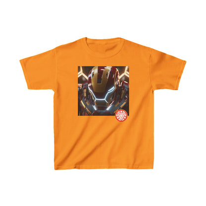 Kids Iron Man Heavy Cotton T-Shirt in bright orange, embellished with a vivid Iron Man graphic, perfect for adventurous young fans.