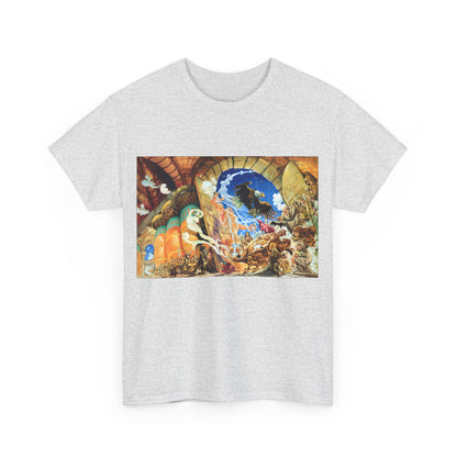 Front view of the Discworld Small Gods Graphic Unisex T-Shirt featuring a vibrant illustration inspired by Terry Pratchett’s Small Gods, Sizes S-XL.