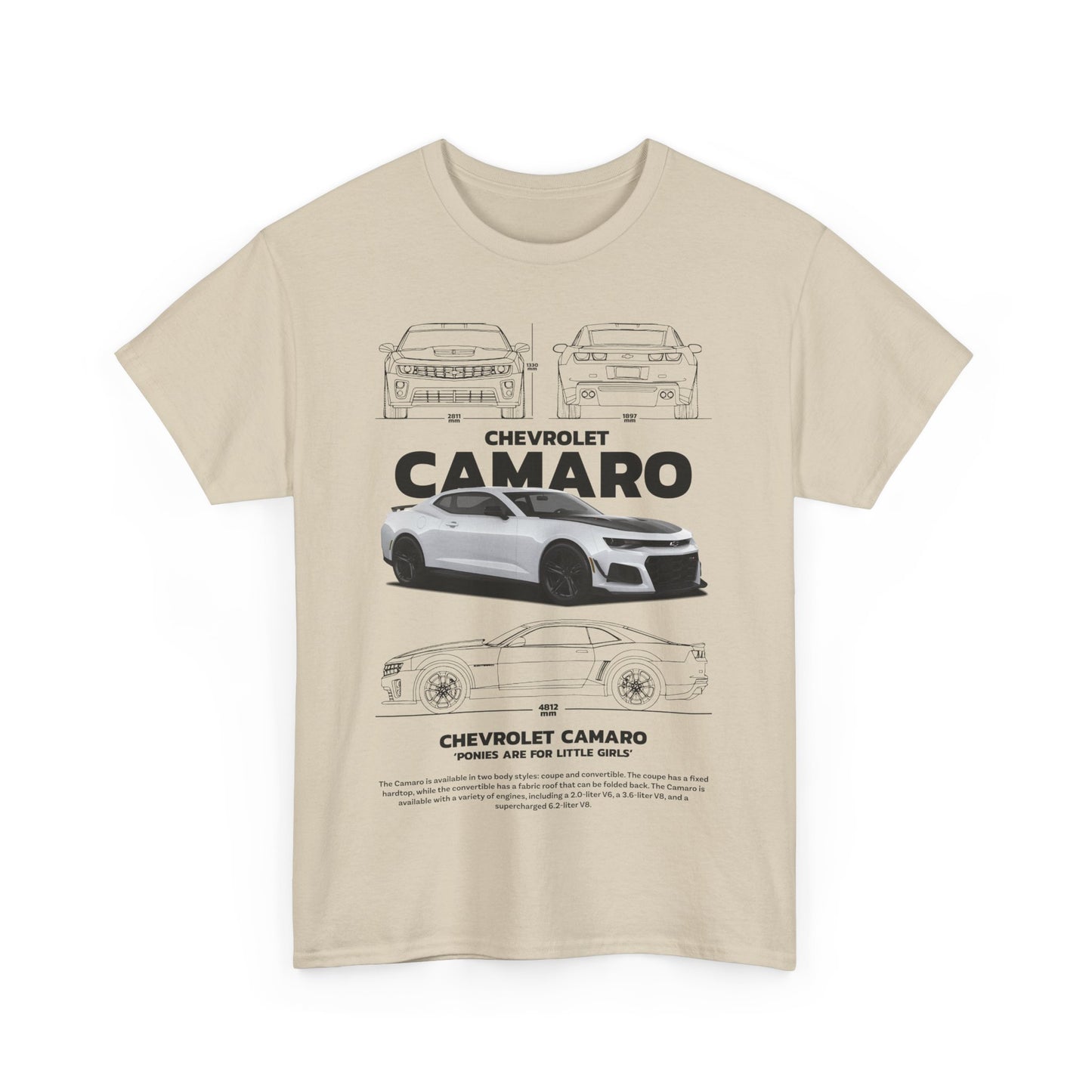 Stylish beige t-shirt featuring intricate Chevrolet Camaro design, highlighting the beauty of automotive engineering.