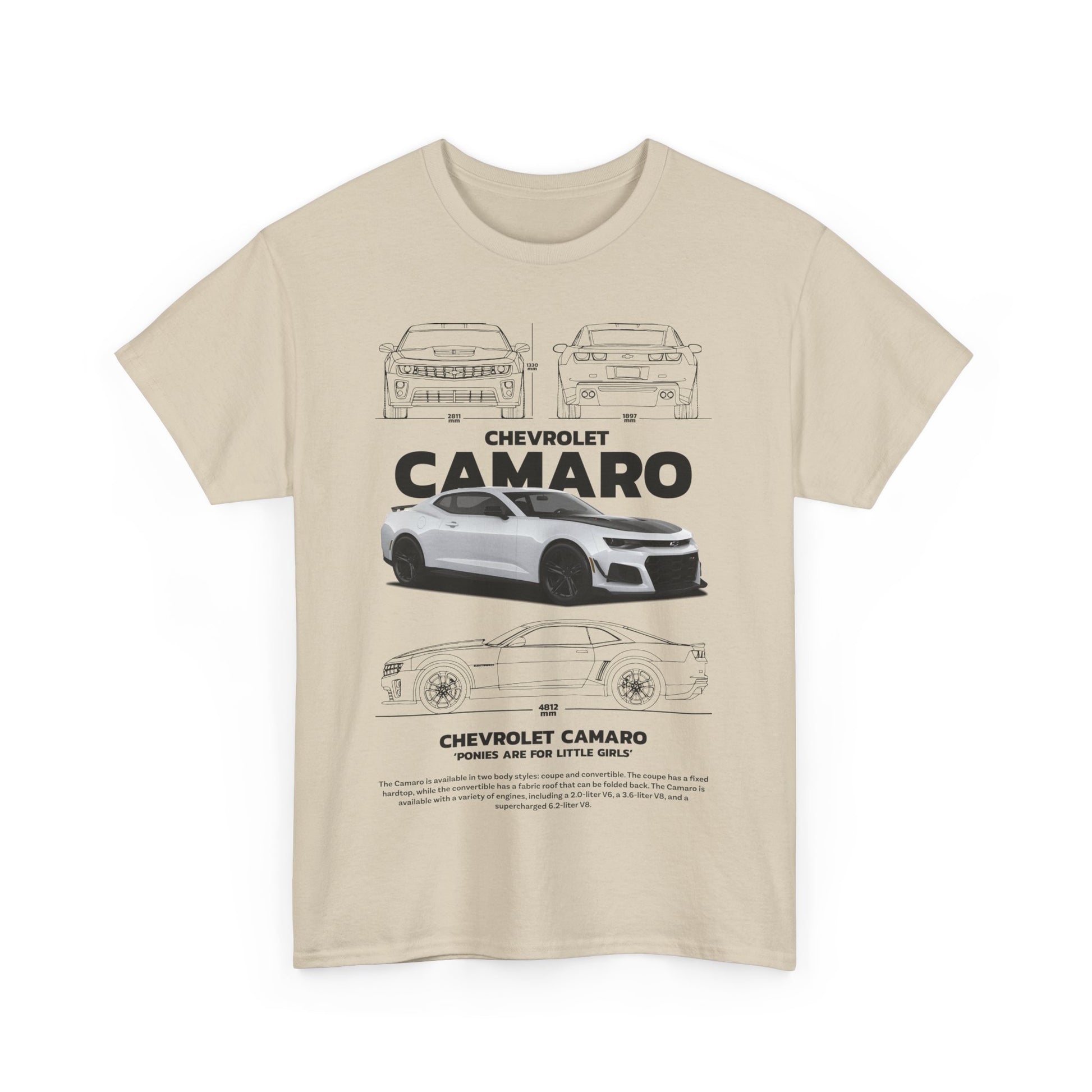 Stylish beige t-shirt featuring intricate Chevrolet Camaro design, highlighting the beauty of automotive engineering.