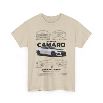 Stylish beige t-shirt featuring intricate Chevrolet Camaro design, highlighting the beauty of automotive engineering.