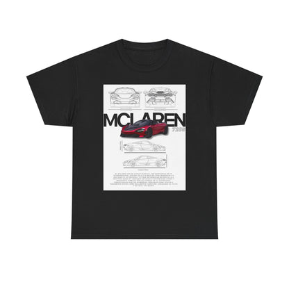 Elegant McLaren 720S T-Shirt in black, showcasing detailed sketches and artistic representation of the iconic car, ideal for sophisticated style.
