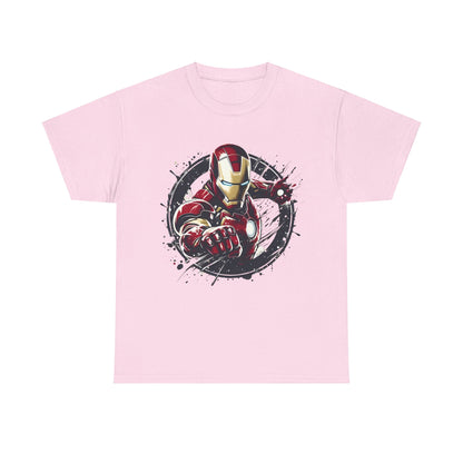 Unleash Your Inner Hero: Iron Man Graphic Unisex Tee Shirt in pink, illustrated with an electrifying graphic of Iron Man ready for action.
