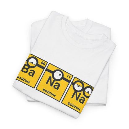 Stacked Men's Funny T-Shirt displaying the Minions Periodic Table with Ba, Na, Na elements printed in eye-catching yellow squares. A great way to express your love for science and Minions in a humorous way.