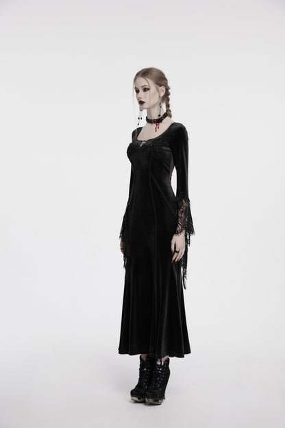 Full view of the Punk Rave Isolde Black Velvet Lace Sleeve Dress with flowing skirt and dramatic flared lace cuffs, exuding dark romance.