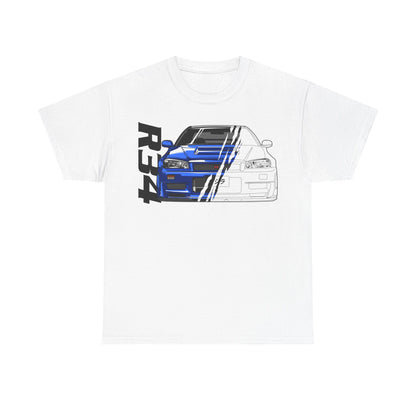 Luxury graphic t-shirt featuring a striking blue Nissan Skyline GT-R R34 design, showcasing the iconic car's dynamic front end with artistic details and modern aesthetics, perfect for automotive enthusiasts.
