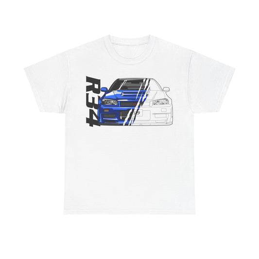 Luxury graphic t-shirt featuring a striking blue Nissan Skyline GT-R R34 design, showcasing the iconic car's dynamic front end with artistic details and modern aesthetics, perfect for automotive enthusiasts.