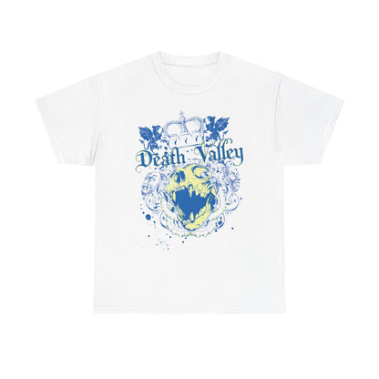 Elegant white t-shirt featuring a gothic 'Death Valley' skull graphic design with a regal crown and intricate blue accents, perfect for bold men's fashion.