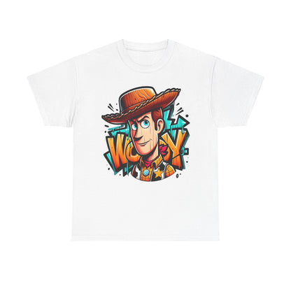 Woody Graffiti Style Unisex Graphic Tee - Vibrant illustration of Woody from Toy Story in a graffiti art style against a white background.
