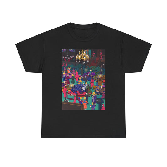 Elegant unisex black tee adorned with a colourful illustration from 'Squid Game', depicting a bustling social gathering filled with unique characters.
