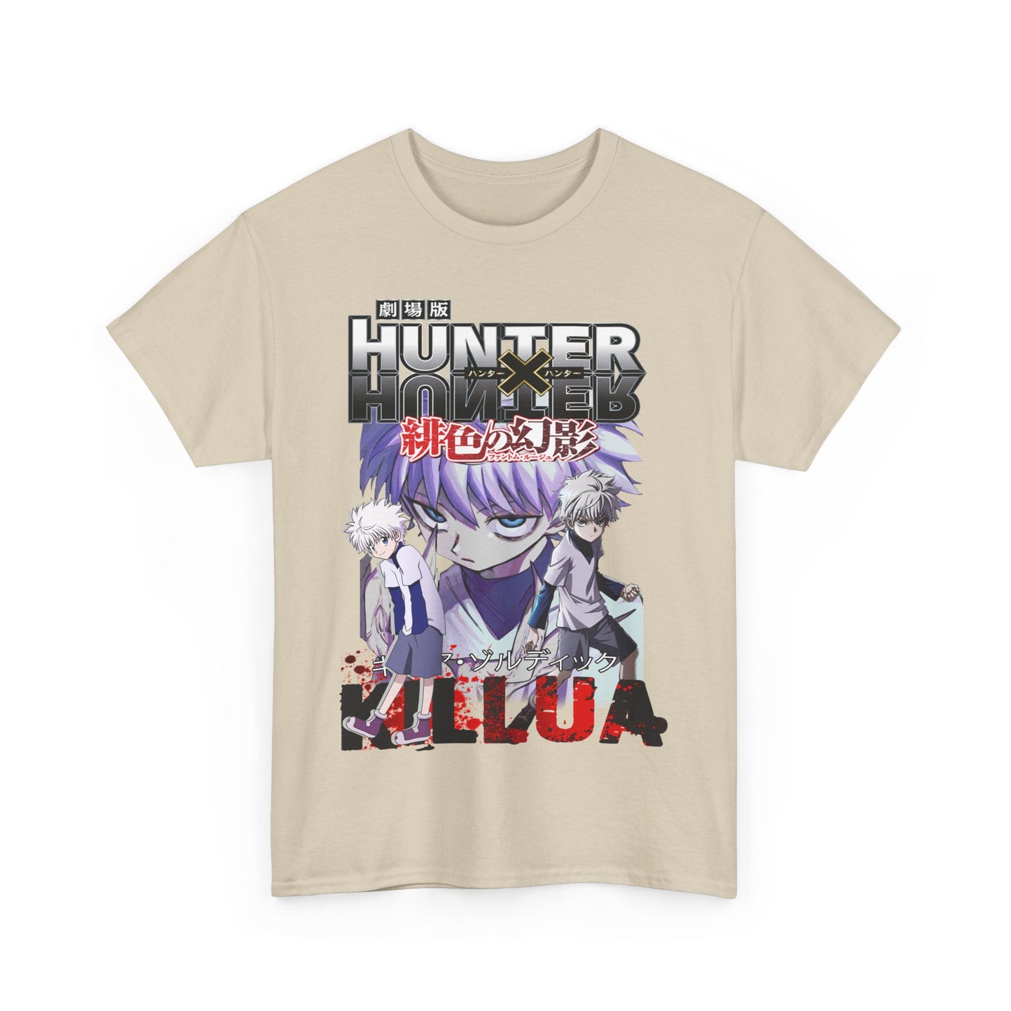Elegant beige Hunter x Hunter T-shirt featuring a striking graphic design of Killua and Gon, perfect for anime enthusiasts.