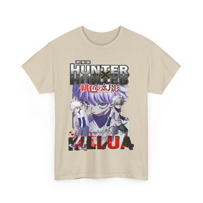 Elegant beige Hunter x Hunter T-shirt featuring a striking graphic design of Killua and Gon, perfect for anime enthusiasts.