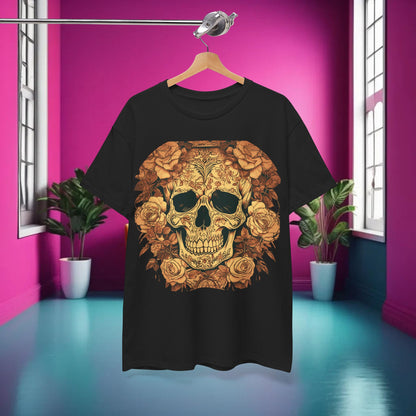 Skulls and Roses Cotton Tee, elegantly displayed in a vibrant room setting, showcasing the unique skull and rose graphic.