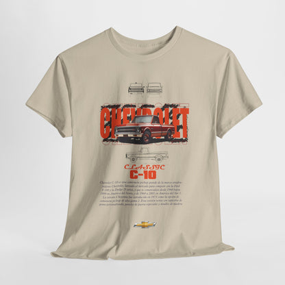 Elegantly displayed beige Chevrolet C-10 t-shirt showcasing a captivating illustration of the classic truck alongside informative text, ideal for discerning collectors.
