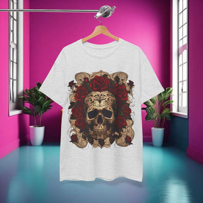 Luxury Skulls and Roses Cotton Tee displayed on a hanger, showcasing intricate steampunk-inspired design with skulls and roses against a vibrant pink background.