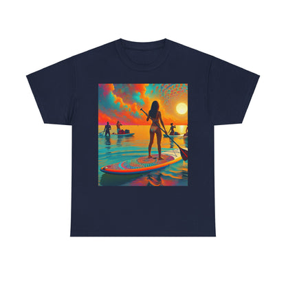 Lifestyle shot of the Delightful Paddle Board T-Shirt, perfect for water enthusiasts who appreciate luxury, from Dazzling Dreams Studio.