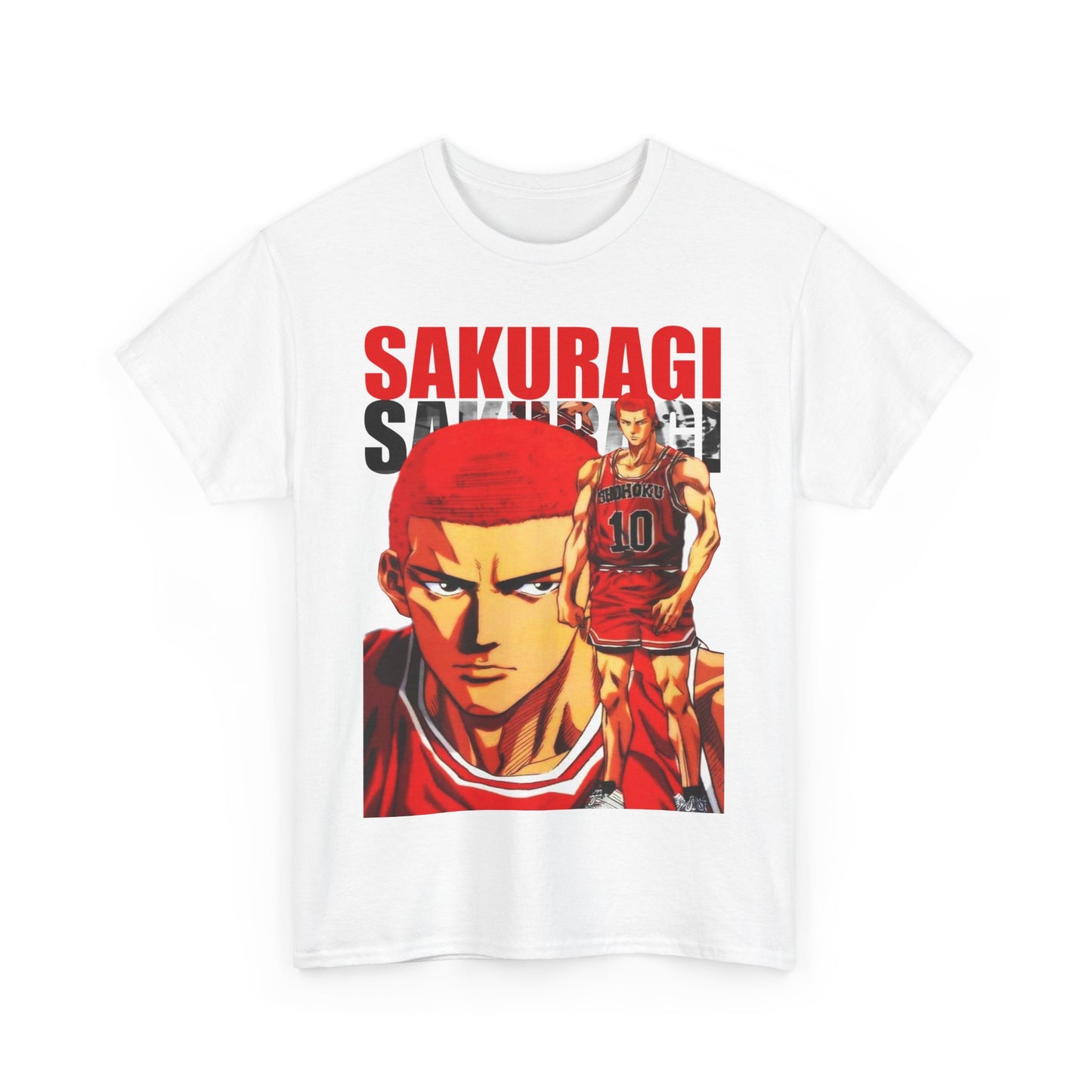 Exquisite white anime t-shirt featuring a striking design of Sakuragi from Slam Dunk, vibrant colors capturing the essence of anime artistry.