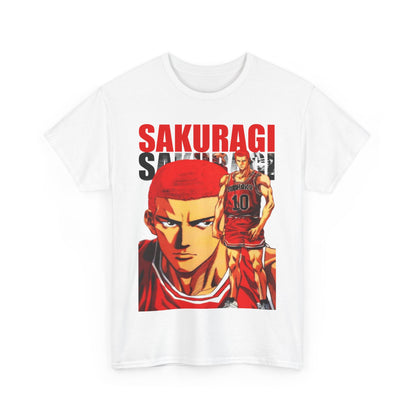 Exquisite white anime t-shirt featuring a striking design of Sakuragi from Slam Dunk, vibrant colors capturing the essence of anime artistry.