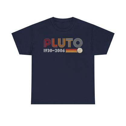 PLUTO Retro Graphic Unisex T-Shirt in Soft Cotton, featuring a vintage design with bold gradient lettering and a cosmic theme, perfect for celestial enthusiasts.