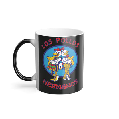 Close-up of Breaking Bad Los Pollos Hermanos 11oz Colour Morphing Mug featuring detailed illustration of logo, designed to impress collectors and coffee enthusiasts alike.