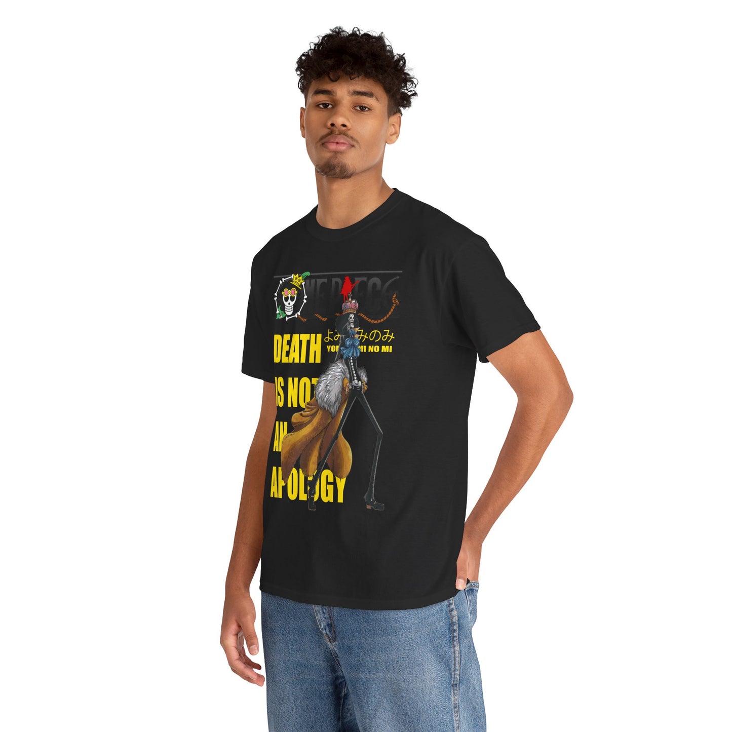 Elegant black graphic tee featuring a bold design from One Piece, showcasing the character Brook with vibrant yellow text stating 'DEATH IS NOT AN APOLOGY' and the Japanese phrase, embodying a unique anime fashion statement.