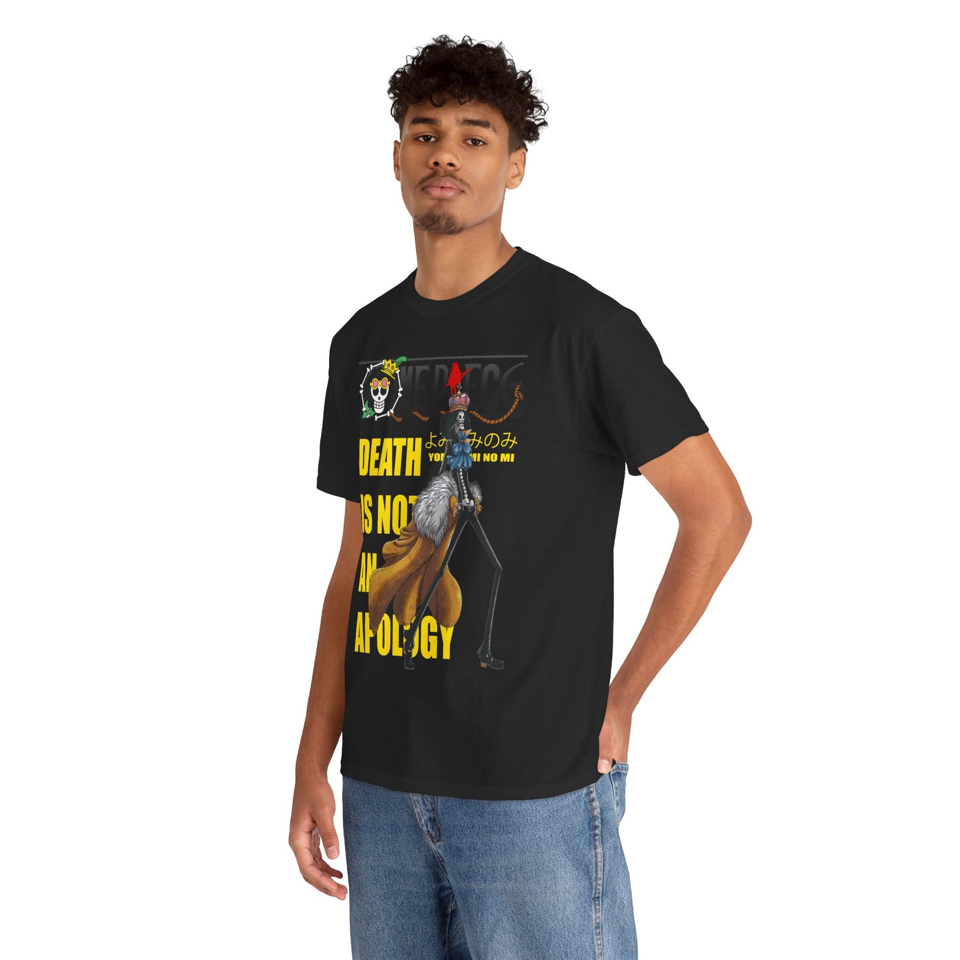 Elegant black graphic tee featuring a bold design from One Piece, showcasing the character Brook with vibrant yellow text stating 'DEATH IS NOT AN APOLOGY' and the Japanese phrase, embodying a unique anime fashion statement.