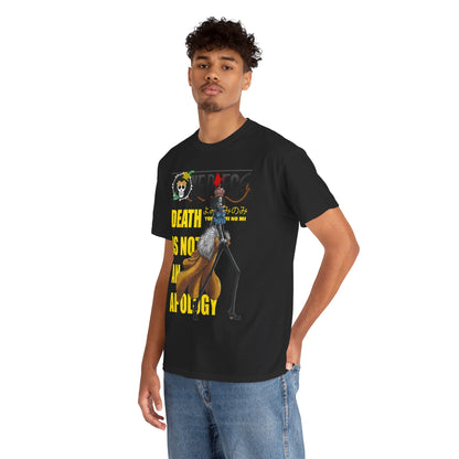 Elegant black graphic tee featuring a bold design from One Piece, showcasing the character Brook with vibrant yellow text stating 'DEATH IS NOT AN APOLOGY' and the Japanese phrase, embodying a unique anime fashion statement.