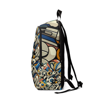 Close-up of artistic details on the Ethereal Spectrum Vision Backpack by Dazzling Dreams Studio, showcasing bold comic-style illustrations and a luxurious aesthetic.