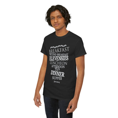 Chic black t-shirt displayed on a model, highlighting iconic Hobbit meal names in striking white text, blending humour with sophistication for fans of J.R.R. Tolkien.