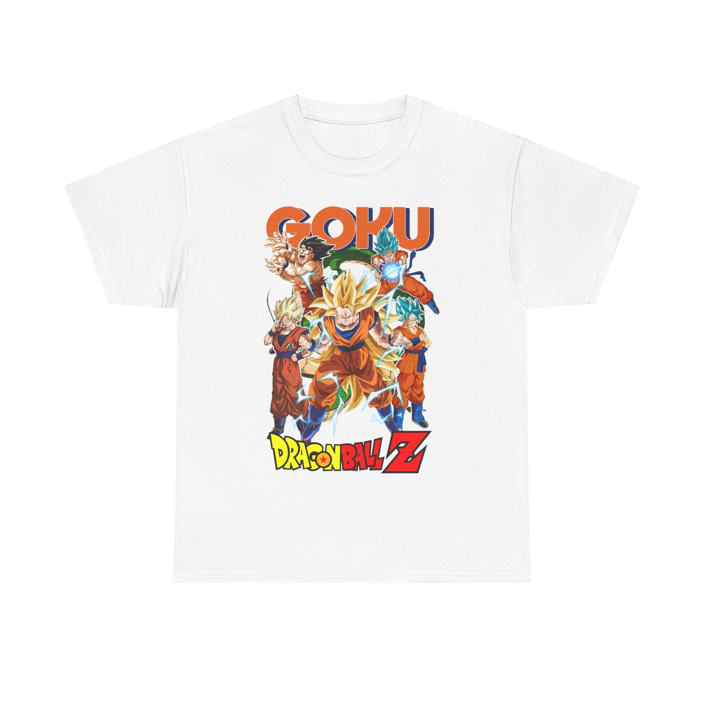 Luxury GOKU Power Surge T-Shirt featuring vibrant anime-inspired artwork with Goku in multiple powerful forms, showcasing the essence of Dragon Ball Z in bold colours against a pristine white background.