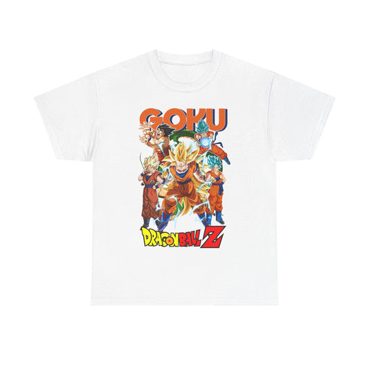 Luxury GOKU Power Surge T-Shirt featuring vibrant anime-inspired artwork with Goku in multiple powerful forms, showcasing the essence of Dragon Ball Z in bold colours against a pristine white background.