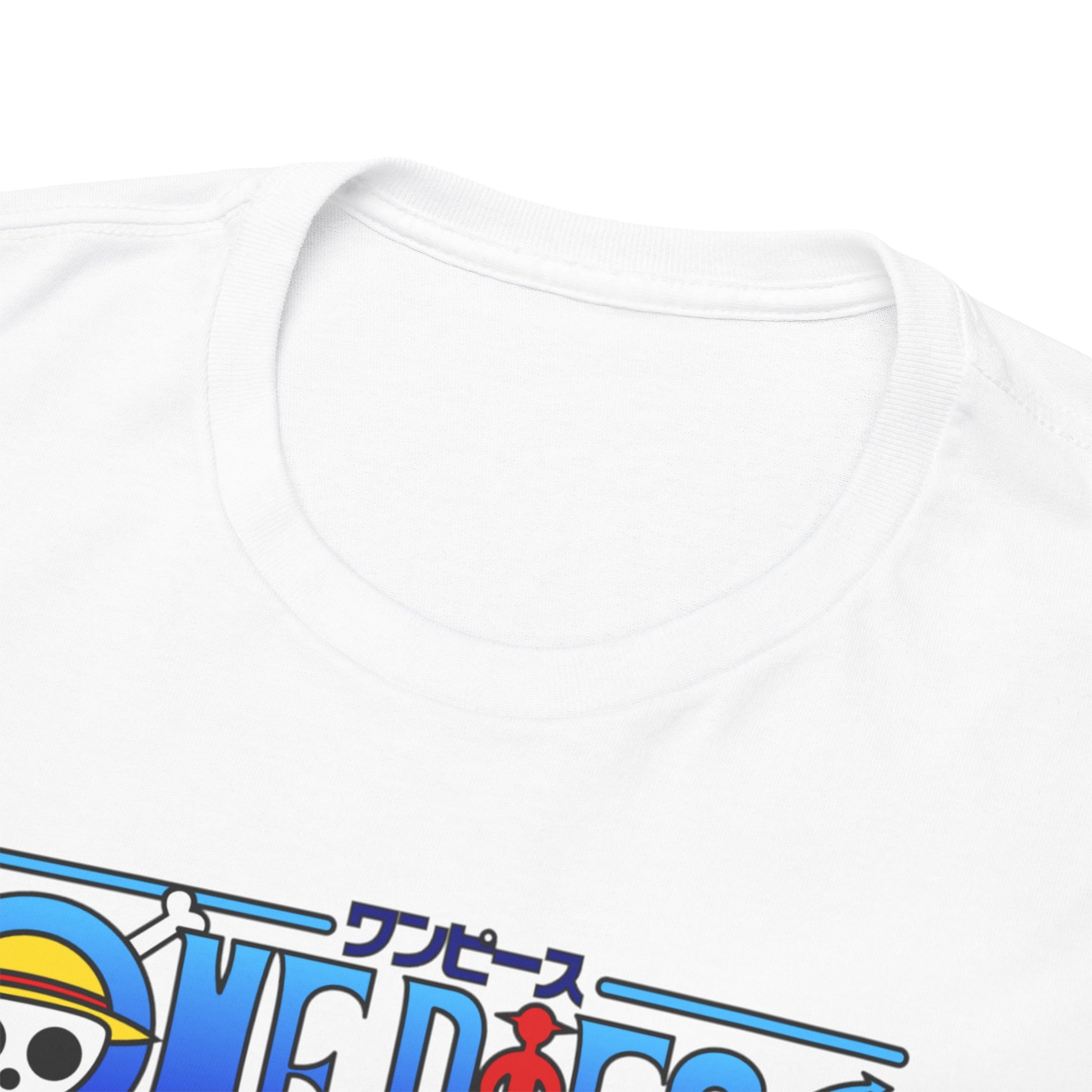 Close-up view of the collar of a luxurious white t-shirt featuring elegant 'One Piece' branding, perfect for anime enthusiasts.
